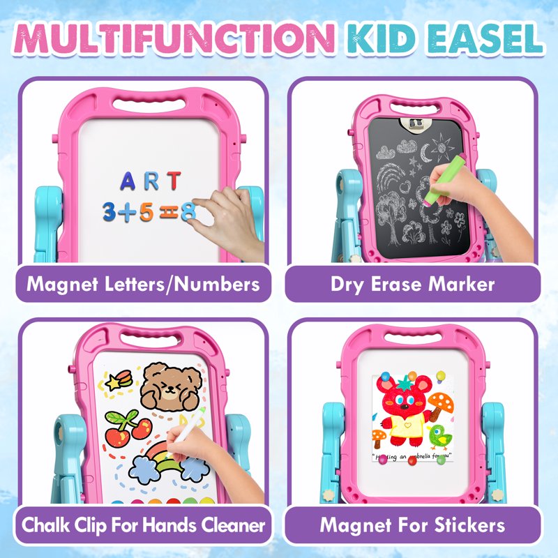 Kids Art Easel 4-in-1 Rotatable Double-Sided Drawing & Chalkboard Pink