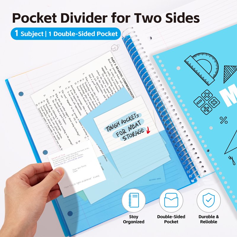 6-Pack 11x8.5 Inch College Ruled Spiral Notebooks with Pocket Dividers