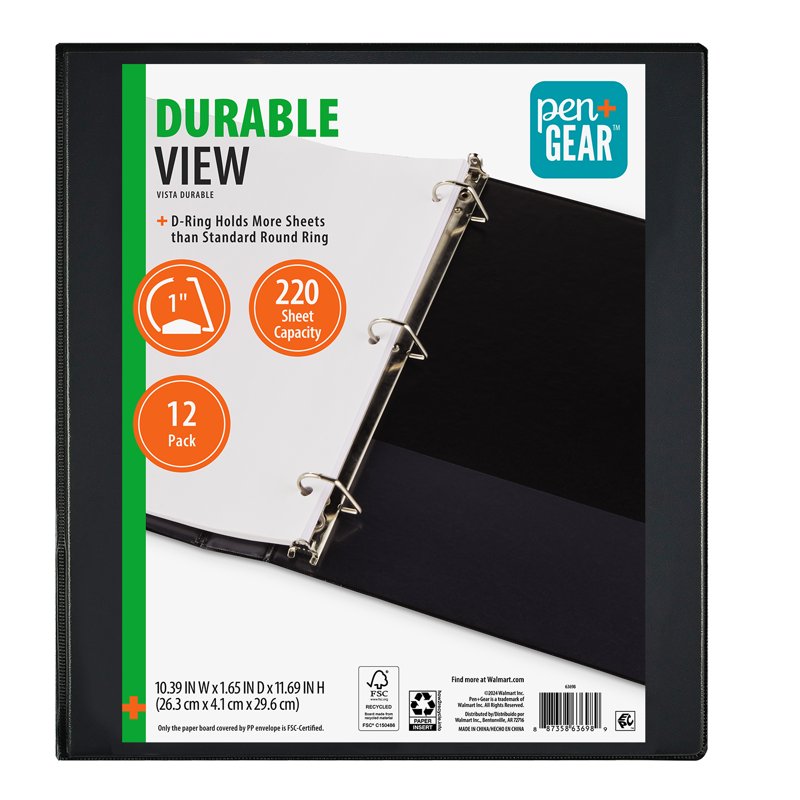 1-Inch Durable Binder with Slanted D-Rings, Black - 12 Pack