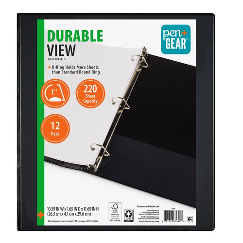 1-Inch Durable Binder with Slanted D-Rings, Black - 12 Pack