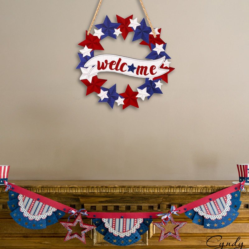 Patriotic Welcome Wreath with Wooden Stars for 4th of July Front Door Decor