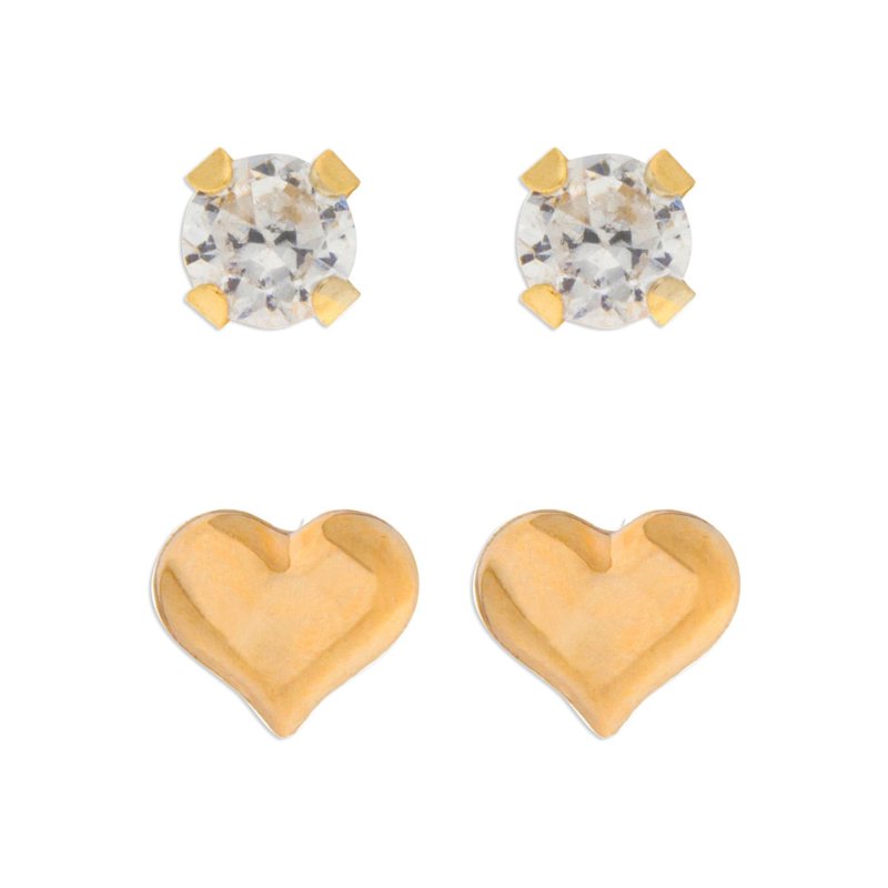 Girls Tween 14K Gold CZ Heart Stud Earring Set - 2 Pairs