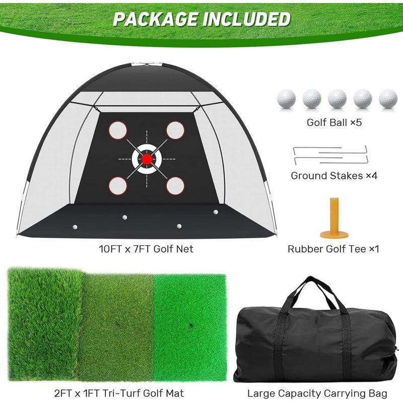 Golf Net with Practice Mat 10x7ft - Hitting Aids for Backyard Golf Training, Indoor/Outdoor