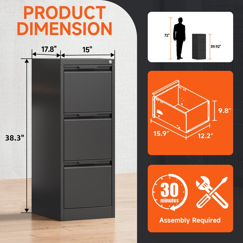 3 Drawer Metal File Cabinet with Lock, Vertical Steel Office Storage