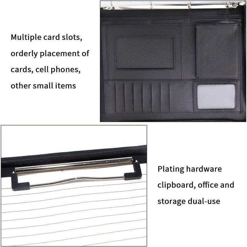 Leather Portfolio Binder with Handle Zipper Business Portfolio with Card Slots & Note Clip