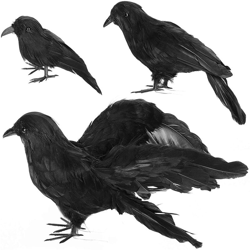 Realistic Crow Decorations for Halloween and Outdoor Use - Set of 3 Black Faux Birds