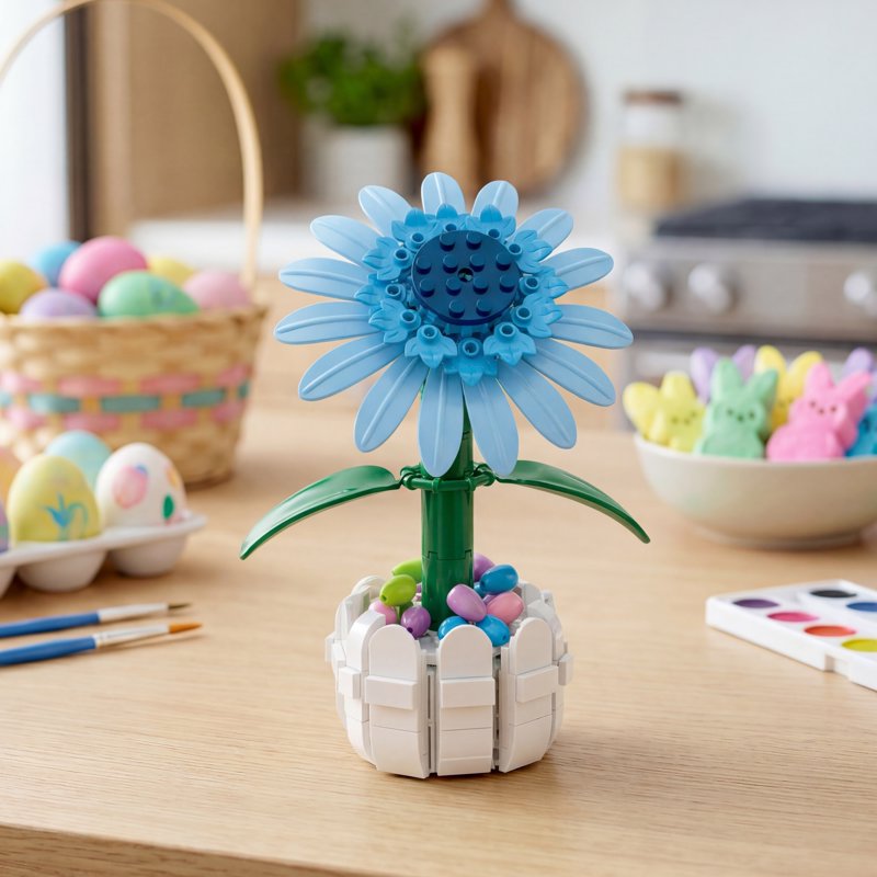 Build-Your-Own Blue Sunflower Brick Kit with Picket Fence Pot - 213 Pieces