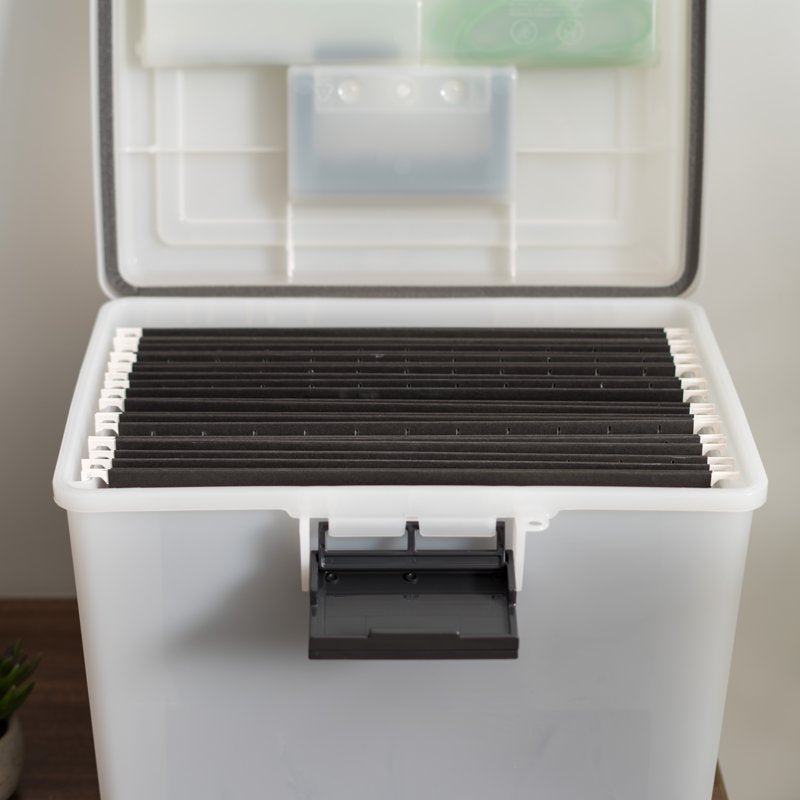 Portable Letter Size Plastic File Box with Secure Lid and Organization Dividers