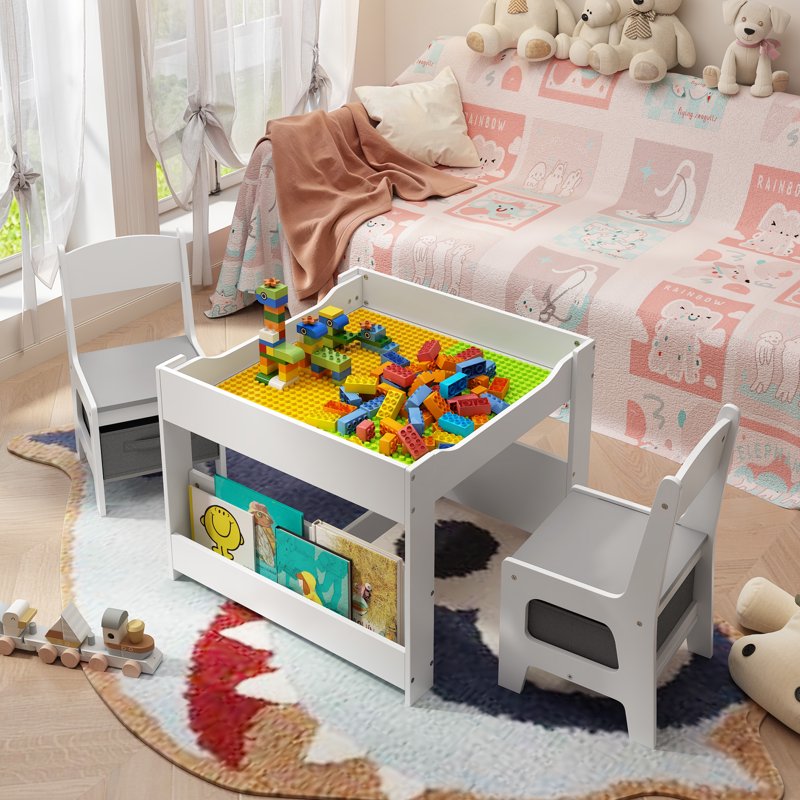 Kids Table and Chairs Set 4-in-1 with Storage for Play, Study, Drawing, Eating