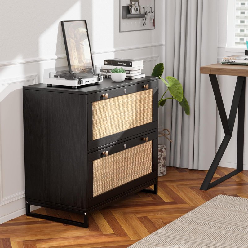 Lateral File Cabinet with Lock - 2 Drawer Wood Storage for Home Office, Black