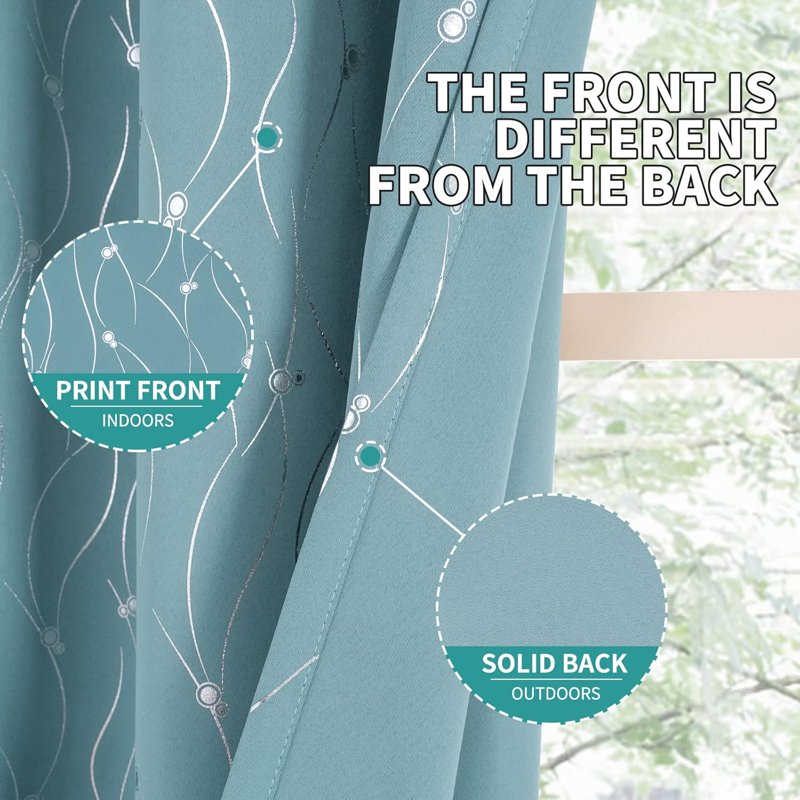 Blackout Room Darkening Curtains 63 Inch Long Grommet Insulated Drapes with Wave & Dot Print