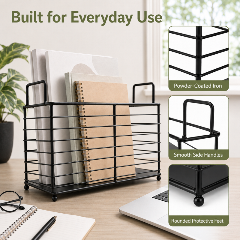 Black Iron Wire Magazine Rack with Handles - Home Office & Living Room Storage Basket