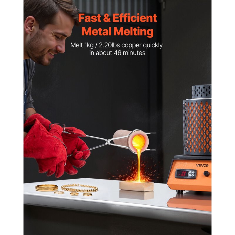Electric Melting Furnace 1350W Metal Smelter with 3kg Ceramic Crucible for Jewelry & Metalwork