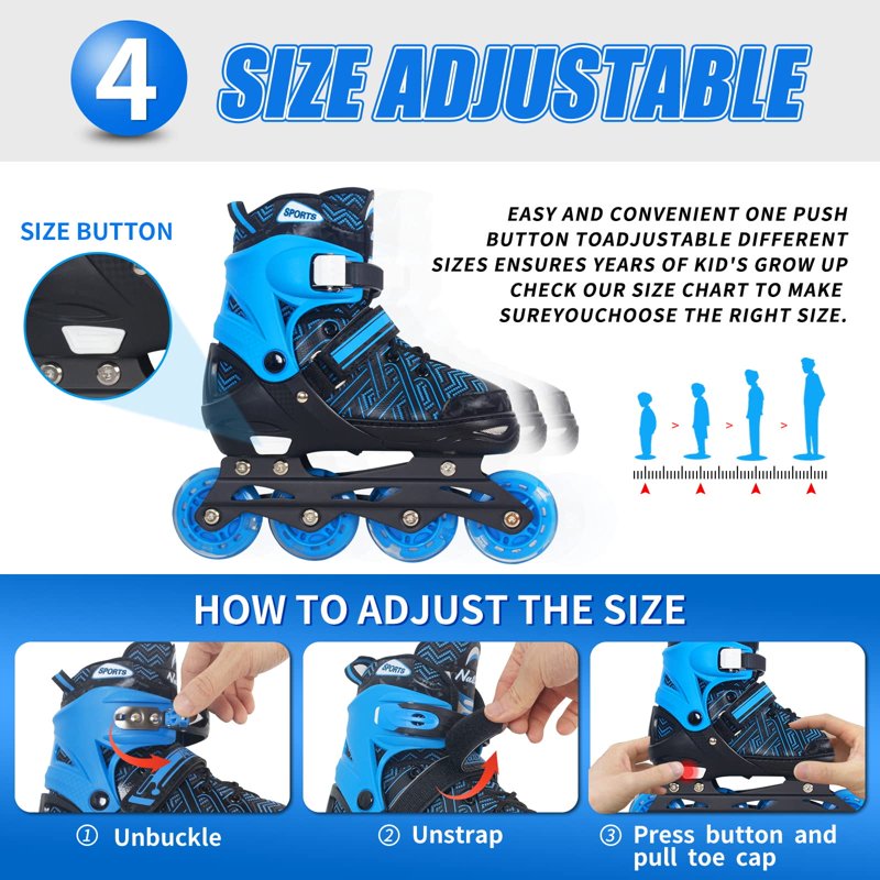 Adjustable Kids Inline Skates with Light-Up Wheels for Beginners - Blue