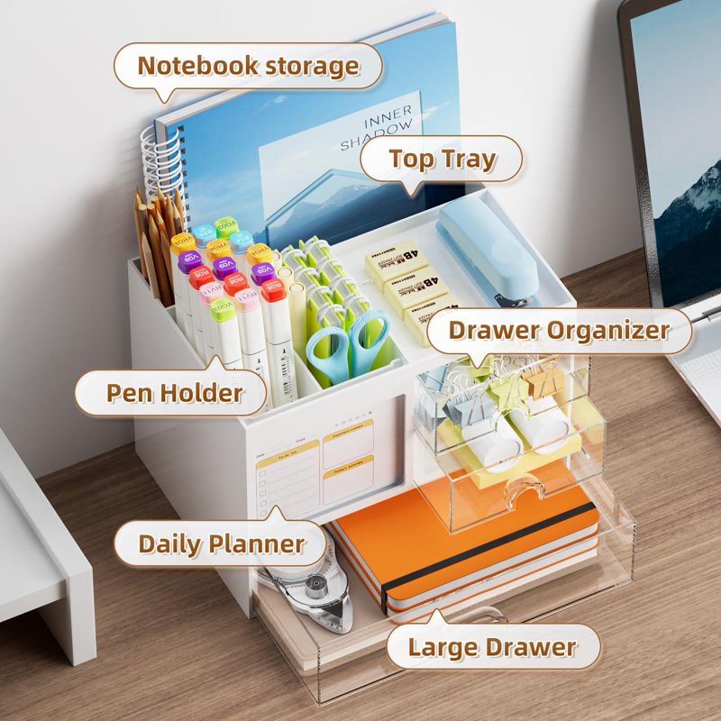 Multi-Compartment Desk Organizer with Drawers and Pen Holder - White/Green