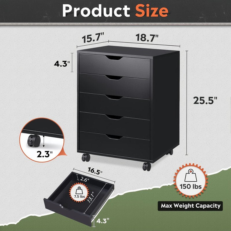 Mobile Under-Desk File Cabinet with Lockable Casters - Black or White