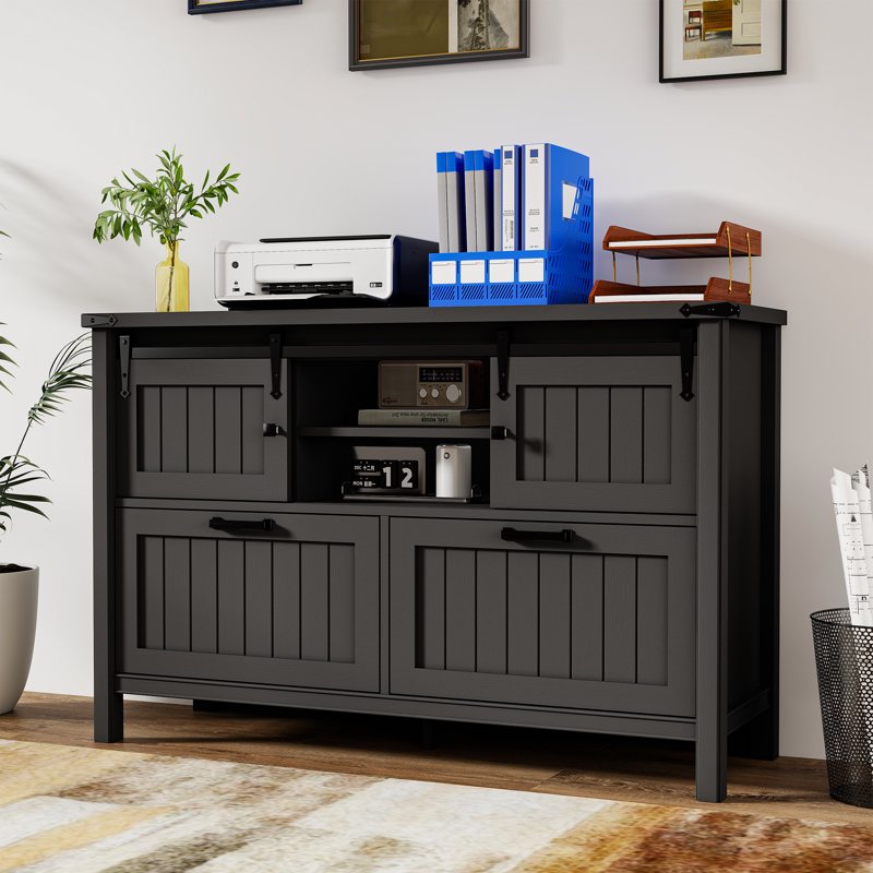 Farmhouse 2-Drawer Lateral File Cabinet with Sliding Doors & Charge Station