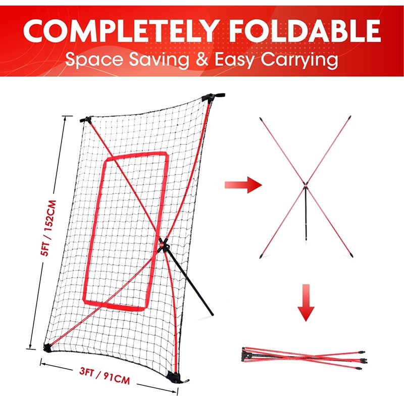Portable Baseball Rebound Net 5ft x 3ft, Pitching & Fielding Trainer, Lightweight & Easy Setup
