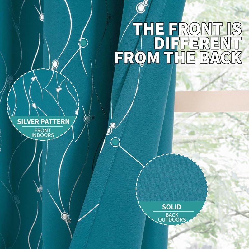Blackout Room Darkening Curtains Set - Insulated Grommet Window Panels with Wave Dots Pattern