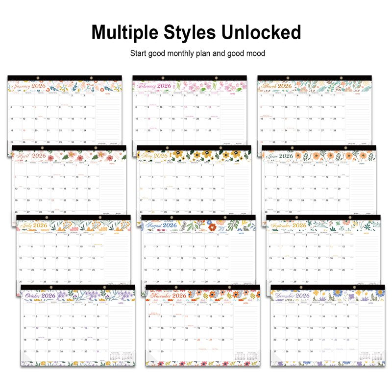 Horizontal Wall Calendar 2026 Floral Pattern Large Weekly Organizer