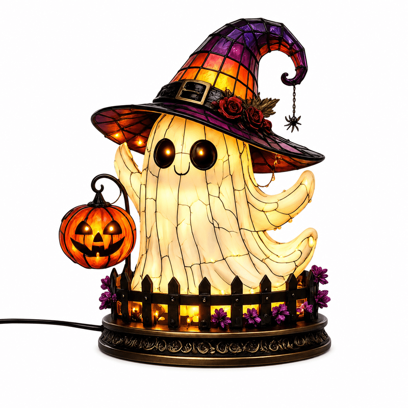 Halloween Ghost Night Light - 11.8 Inch Witch Hat Ghost Lamp with Jack O Lantern Indoor Decor