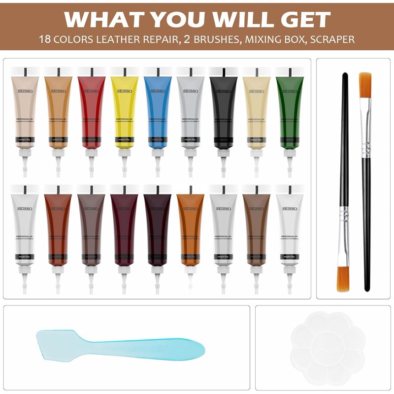 Leather Repair Kit with 18 Colors for Furniture Car Seats & Shoes - DIY Dye Set