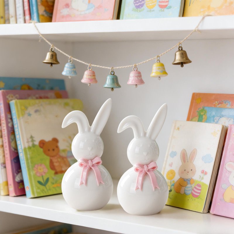 Ceramic Bunny Figurines with Bow - 6 Inch Easter Home Decor & Centerpiece