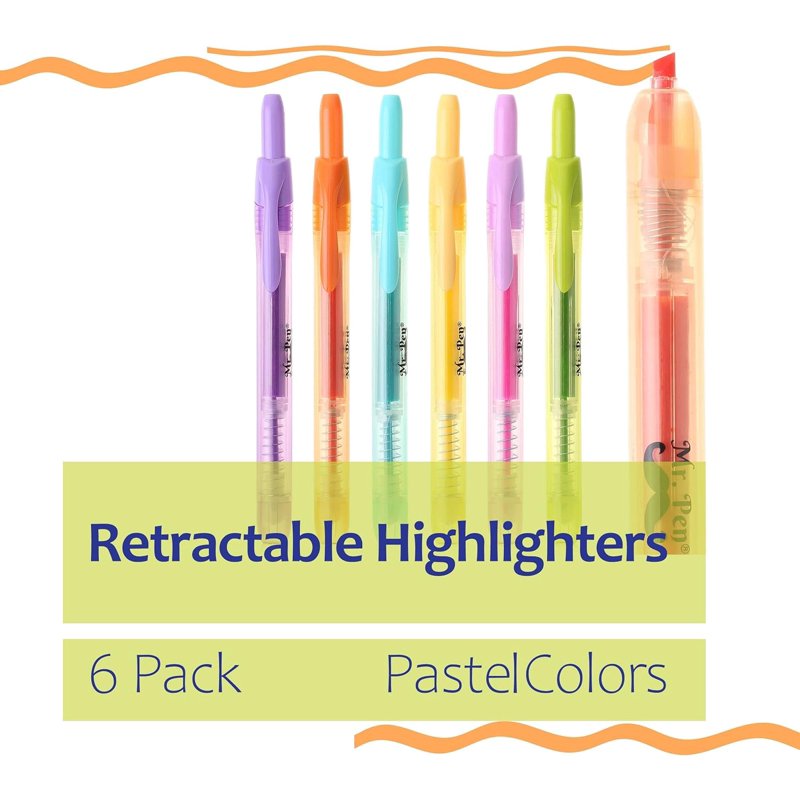 Pastel Highlighters Set - Retractable, No Smear Chisel Tip Markers, 6 Pack