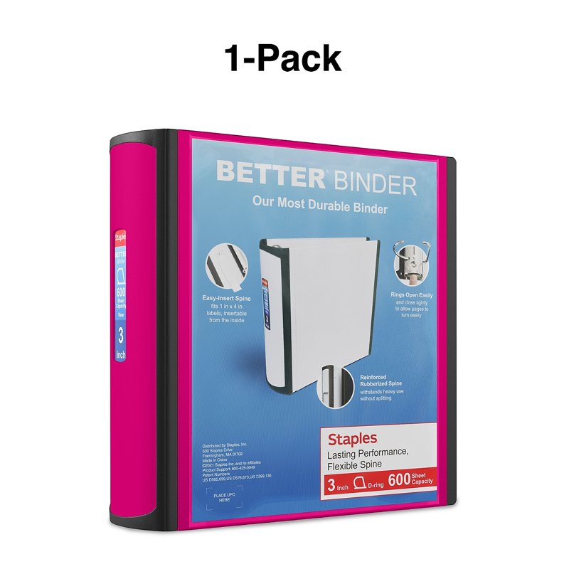 Pink 3-Inch D-Ring Binder for Office Documents, Holds 600 Sheets