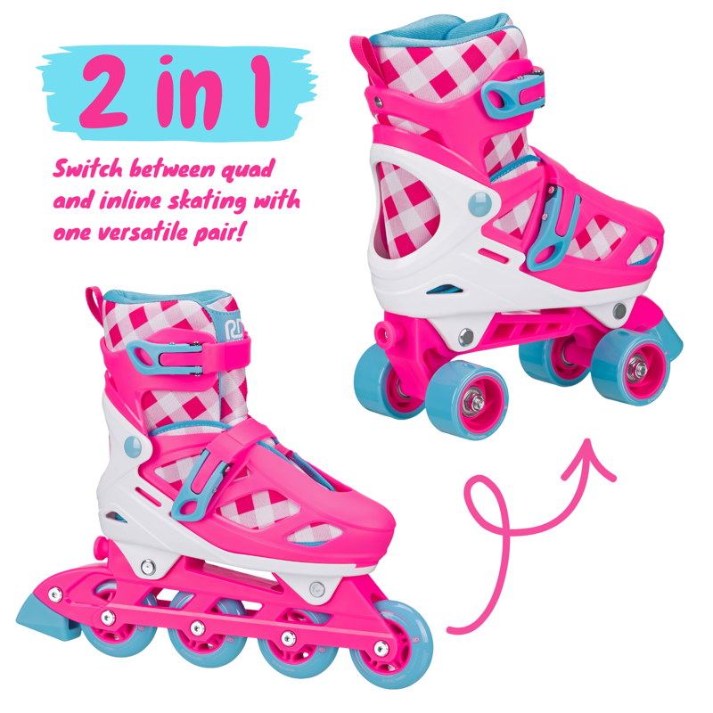 2-in-1 Roller & Inline Skates for Girls - Adjustable Sizes, Gingham