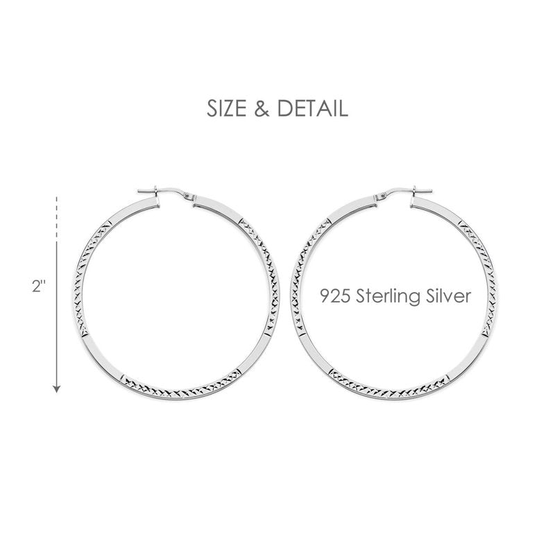 Sterling Silver Rhodium Plated Square Hoop Earrings - Diamond Cut Women's Jewelry