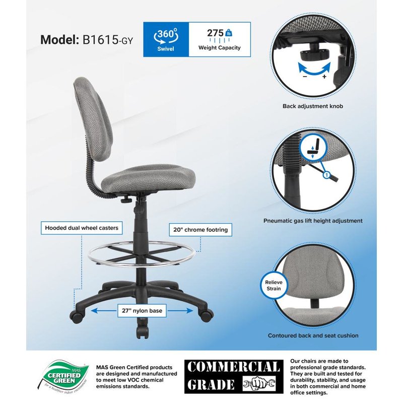 Contoured Rolling Drafting Stool with Height Adjustment - Gray & Blue Options