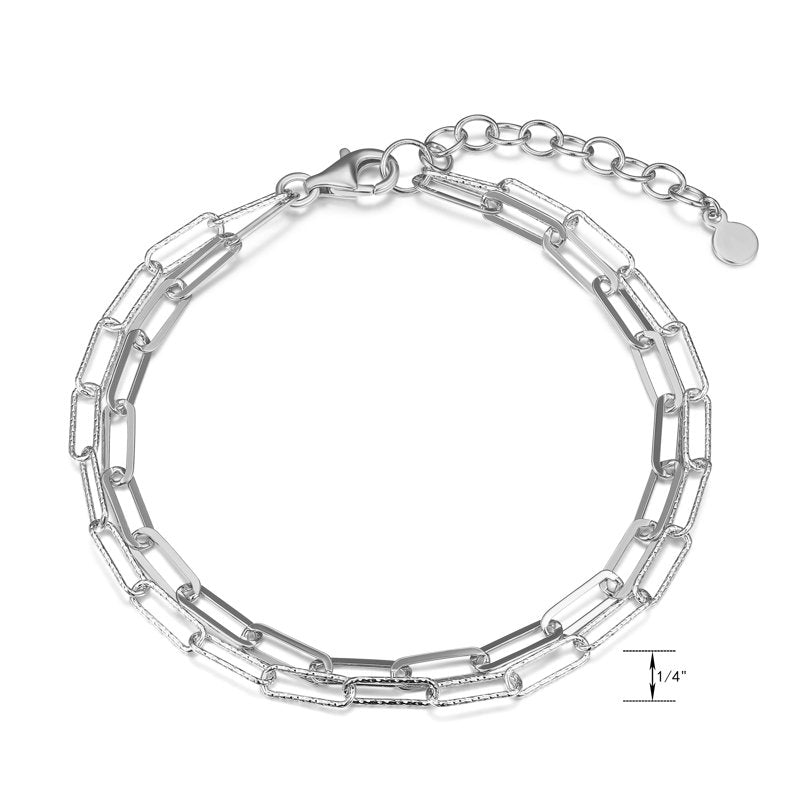 Sterling Silver Double Chain Paperclip Bracelet - Hypoallergenic, Adjustable Length