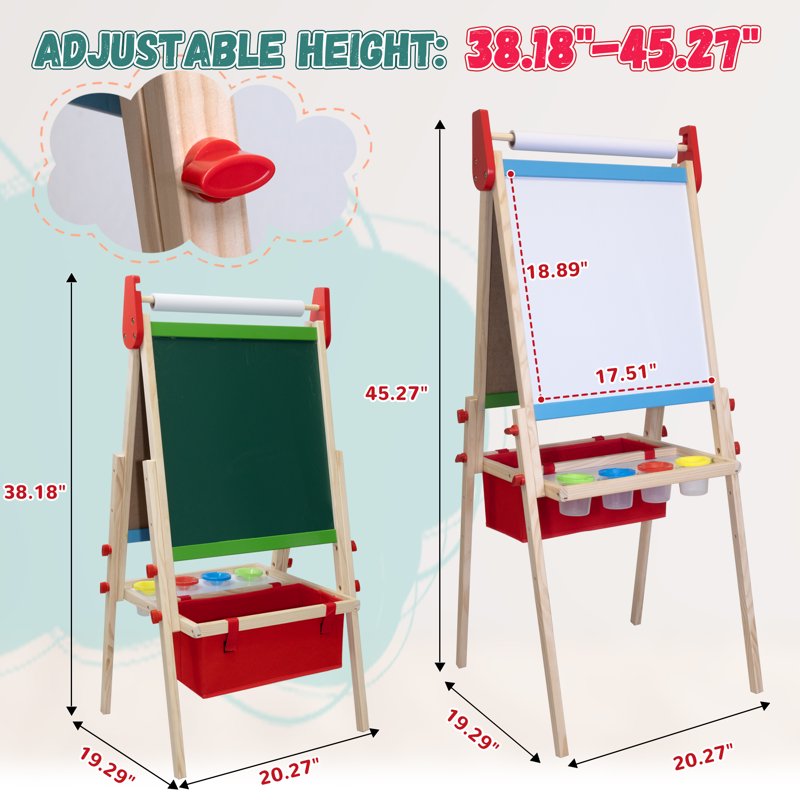 Kids Wooden Art Easel with Adjustable Height, Double-Sided Chalkboard & Painting Accessories