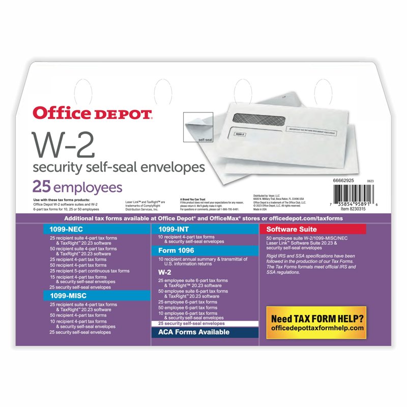 Self-Seal Double-Window Envelopes for W-2 Tax Forms, Pack of 25