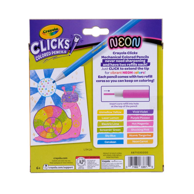 Crayola Clicks Neon Retractable Color Pencils - 12 Pencils, Neon Set