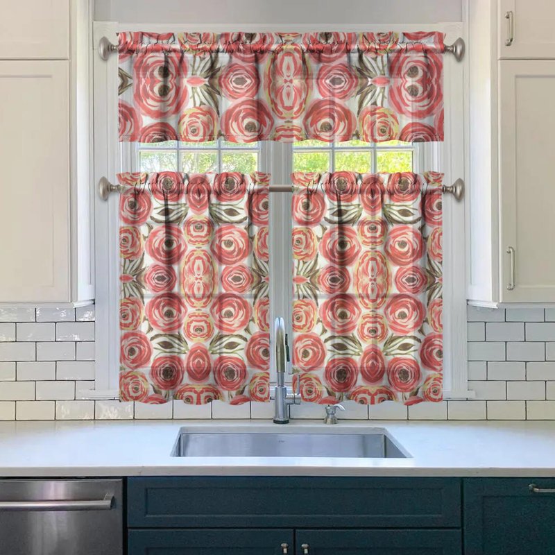 Kitchen Curtains and Valance Set 3 Pieces - Floral Red & White, 27.5 x 36 Inches