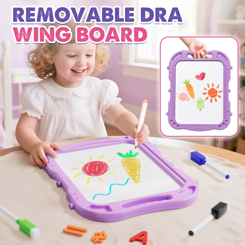 Kids Art Easel 4-in-1 Double-Sided Magnetic Chalkboard & Whiteboard Adjustable Height Purple