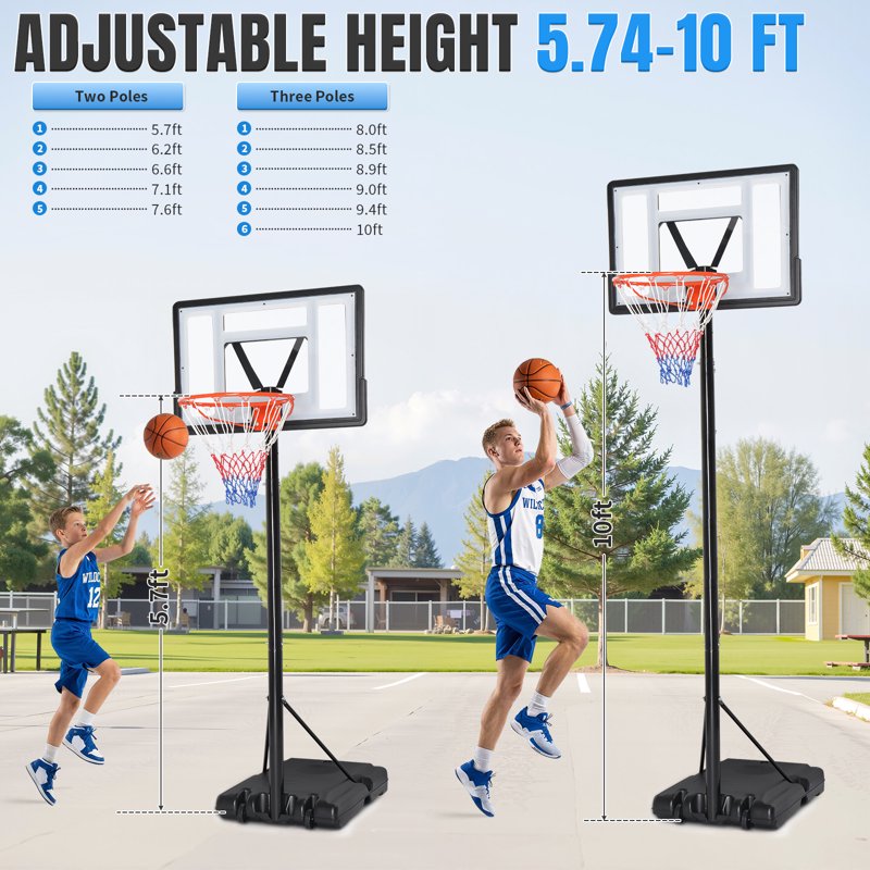 Portable Adjustable Basketball Hoop System - 8ft-10ft Height, 35in Backboard, Wheels for Indoor Outdoor Play