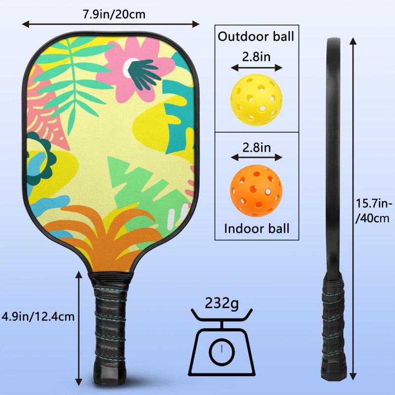 Tropical Leaf Pickleball Paddle Set (1 Paddle, 2 Balls, Bag) - Fiberglass Surface, Black-3