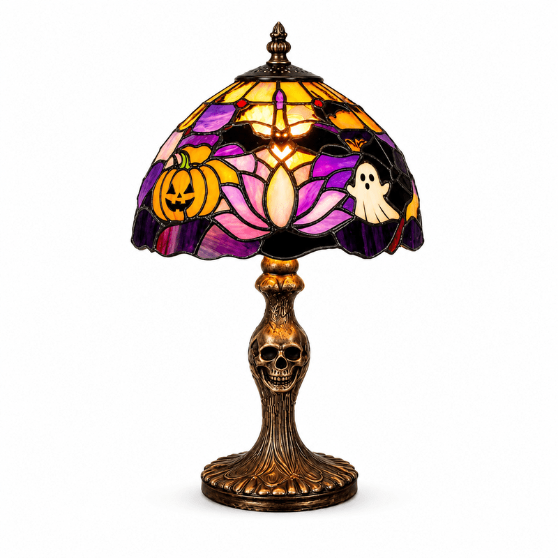 Halloween Tiffany Style Stained Glass Lamp with Skeleton Base Spooky Decor 11 Inch