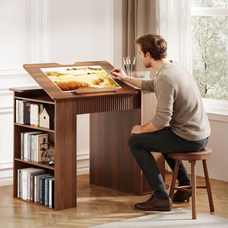 Wood Drafting Desk with Charging Station, Tiltable Surface & Storage