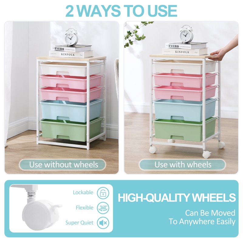 Multi-Color 5-Drawer Rolling Storage Cart with Wooden Top - Home Office Organizer