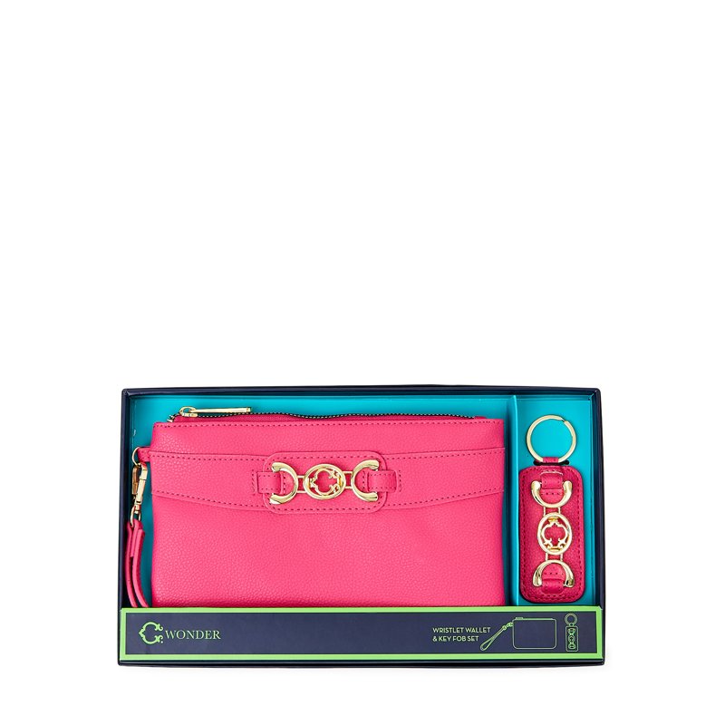Women's Wristlet Wallet and Key Fob Set - Bright Azalae Vegan Leather