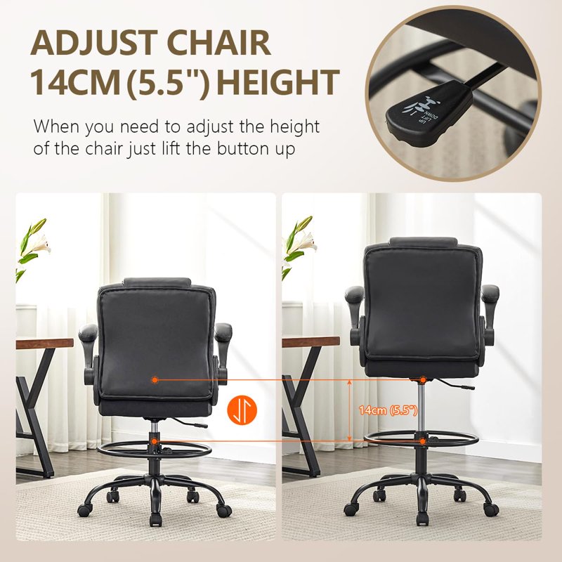 Tall Ergonomic Office Chair for Standing Desks with Adjustable Height & Flip-Up Armrests - Black