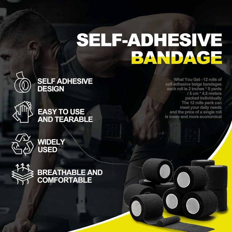 Self-Adherent Cohesive Bandages 12-Pack - Athletic Support Wraps 2" x 5 Yards