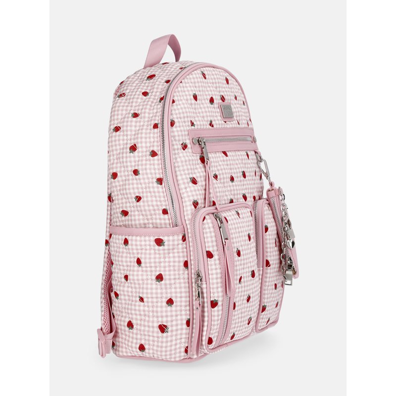 Women's Double Pocket Dome Backpack with Detachable Pouch - Pink Strawberry