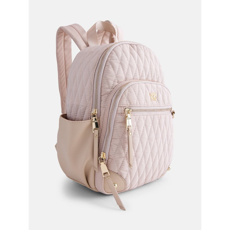 Women's Quilted Mini Backpack with Multiple Pockets - Khaki & Black