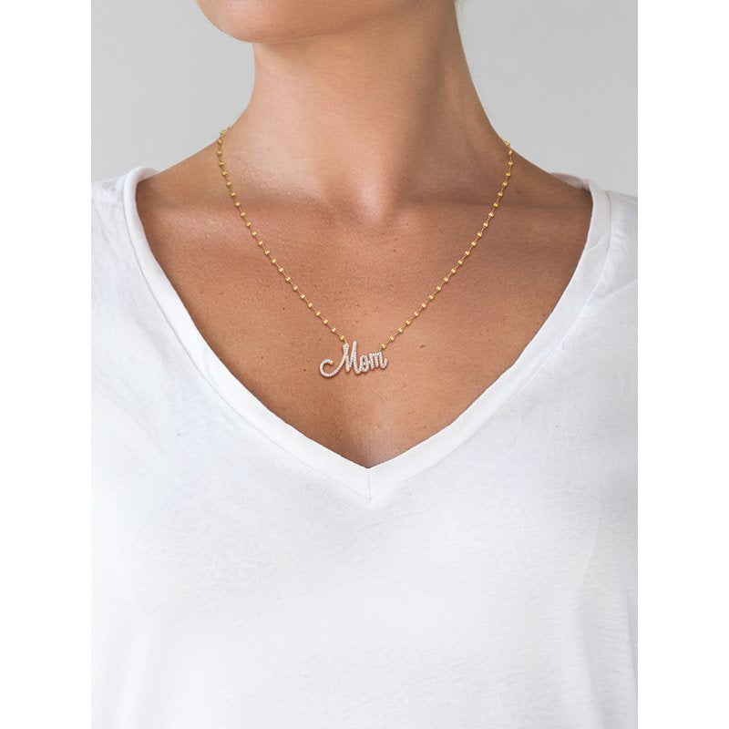 Gold and Rhodium Plated Sterling Silver Mom Necklace with CZ Stones - 18 Inch Chain