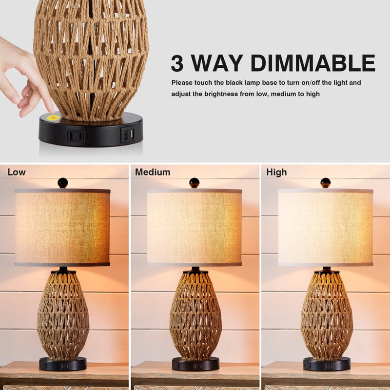 Modern Rattan & Linen Table Lamps with USB & AC Outlet - Touch Control, Dimmable Nightstand Lighting